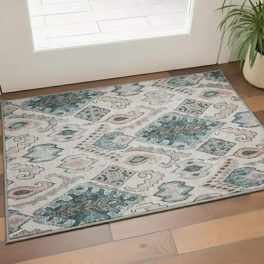 Beige Blue And Gray Moroccan Washable Area Rug With UV Protection Photo 2