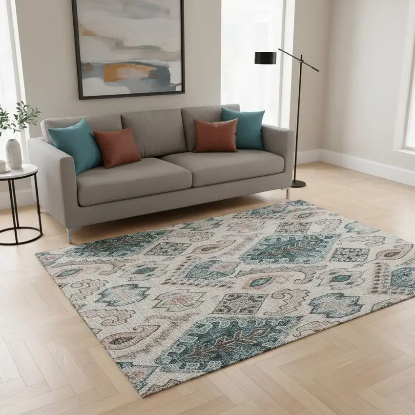 Beige Blue And Gray Moroccan Washable Area Rug With UV Protection Photo 2