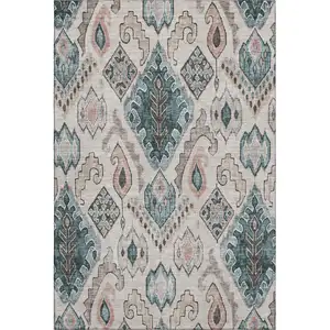 Photo of Beige Blue And Gray Moroccan Washable Area Rug With UV Protection