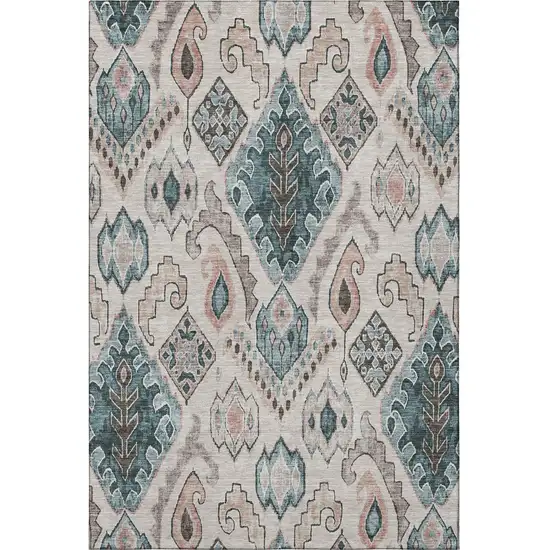 Beige Blue And Gray Moroccan Washable Area Rug With UV Protection Photo 4