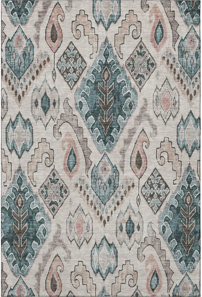 Beige Blue And Gray Moroccan Washable Area Rug With UV Protection Photo 4