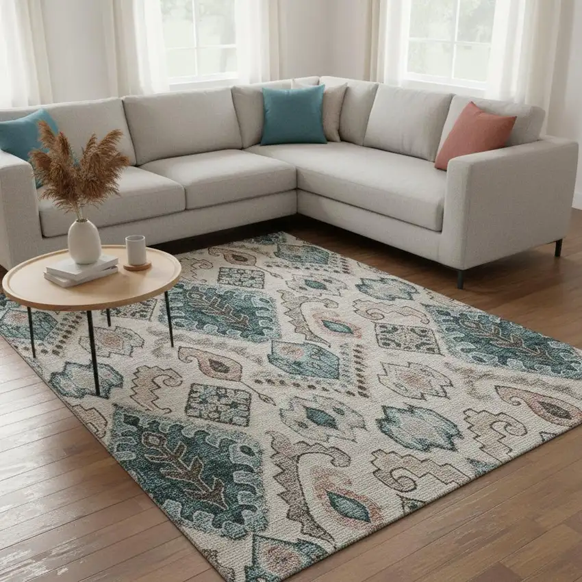 Beige Blue And Gray Moroccan Washable Area Rug With UV Protection Photo 2