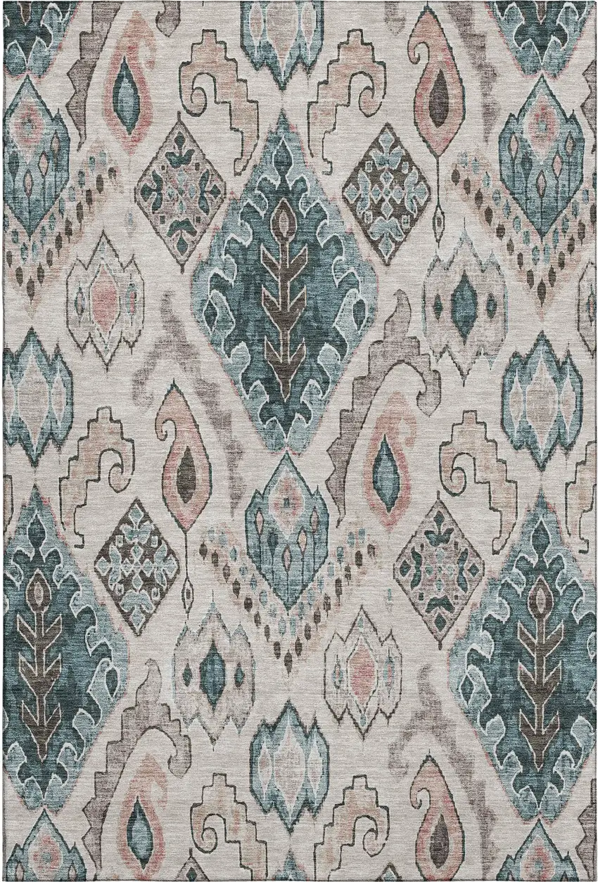 Beige Blue And Gray Moroccan Washable Area Rug With UV Protection Photo 1