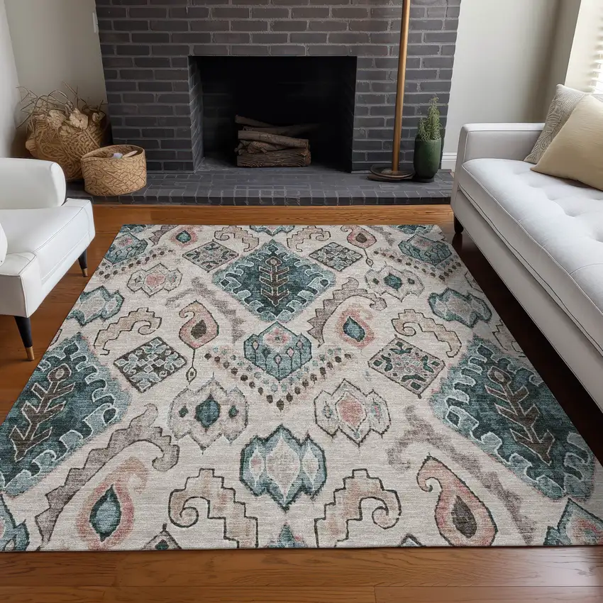 Beige Blue And Gray Moroccan Washable Area Rug With UV Protection Photo 5