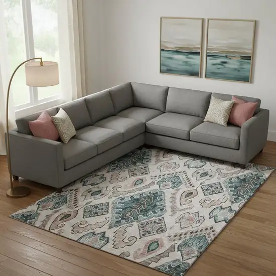 Beige Blue And Gray Moroccan Washable Area Rug With UV Protection Photo 1