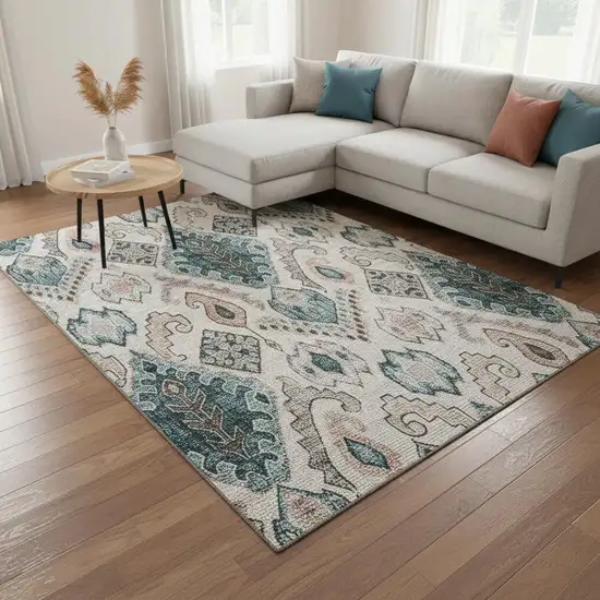 Beige Blue And Gray Moroccan Washable Area Rug With UV Protection Photo 2