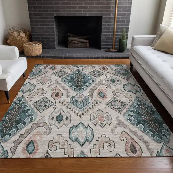 Beige Blue And Gray Moroccan Washable Area Rug With UV Protection Photo 5