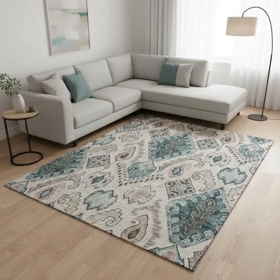 Beige Blue And Gray Moroccan Washable Area Rug With UV Protection Photo 2