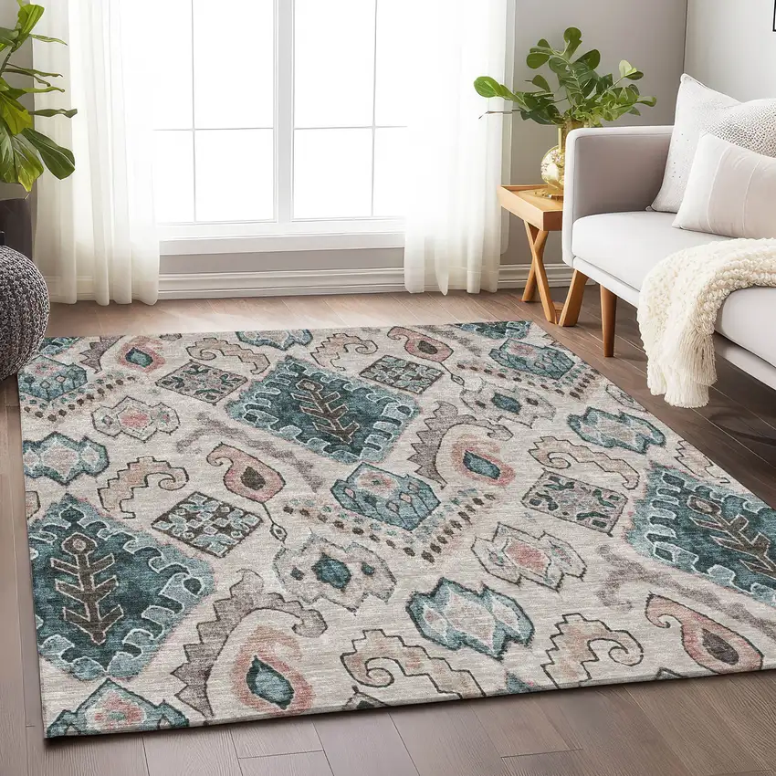Beige Blue And Gray Moroccan Washable Area Rug With UV Protection Photo 6