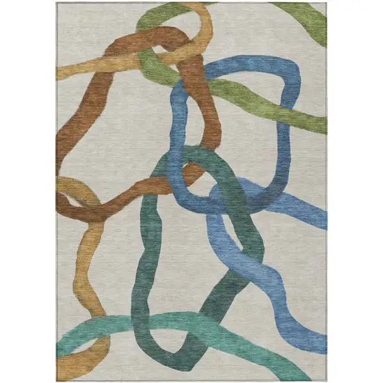Beige Blue And Green Abstract Washable Indoor Outdoor Area Rug Photo 1