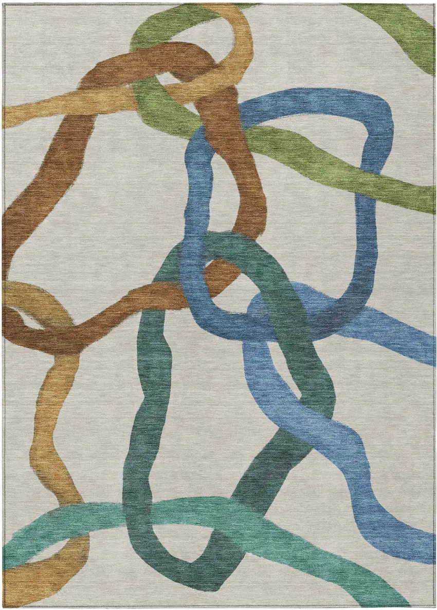 Beige Blue And Green Abstract Washable Indoor Outdoor Area Rug Photo 1