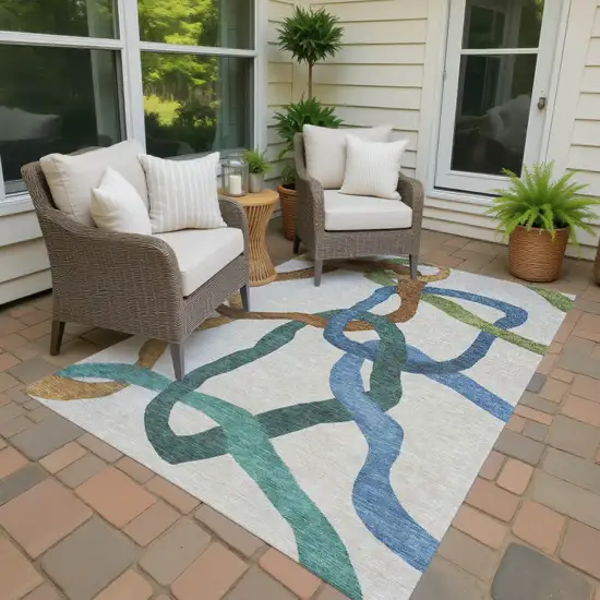 Beige Blue And Green Abstract Washable Indoor Outdoor Area Rug Photo 4