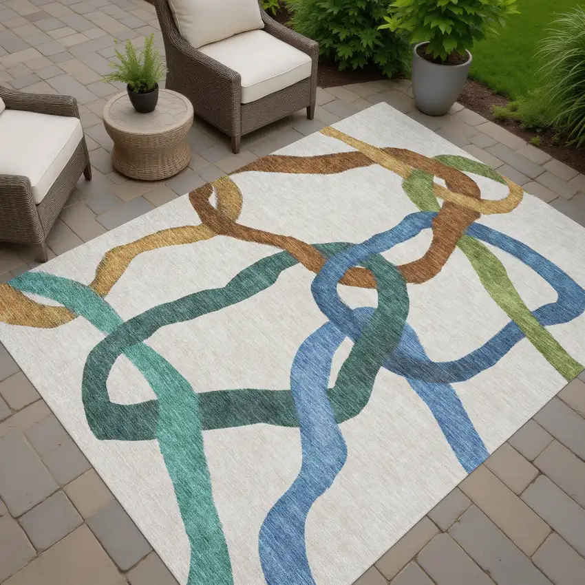 Beige Blue And Green Abstract Washable Indoor Outdoor Area Rug Photo 7