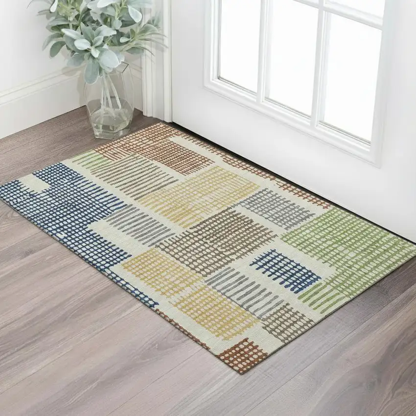 Beige Blue And Green Geometric Washable Area Rug With UV Protection Photo 2