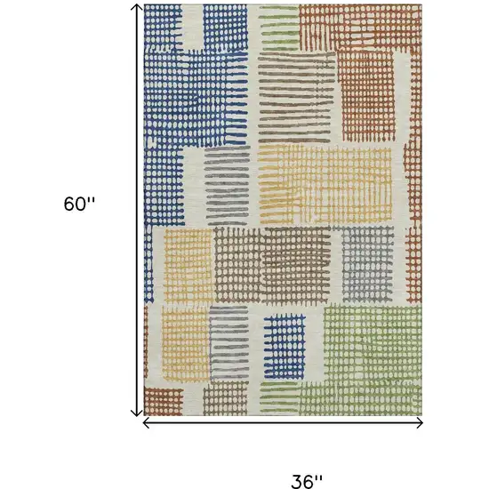 Beige Blue And Green Geometric Washable Area Rug With UV Protection Photo 9