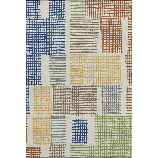 Beige Blue And Green Geometric Washable Area Rug With UV Protection Photo 1