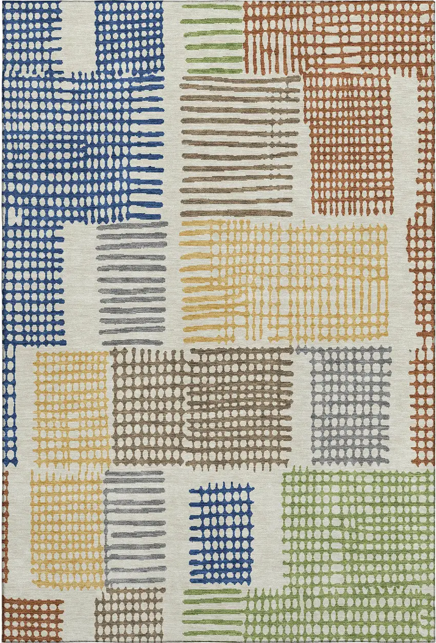 Beige Blue And Green Geometric Washable Area Rug With UV Protection Photo 1
