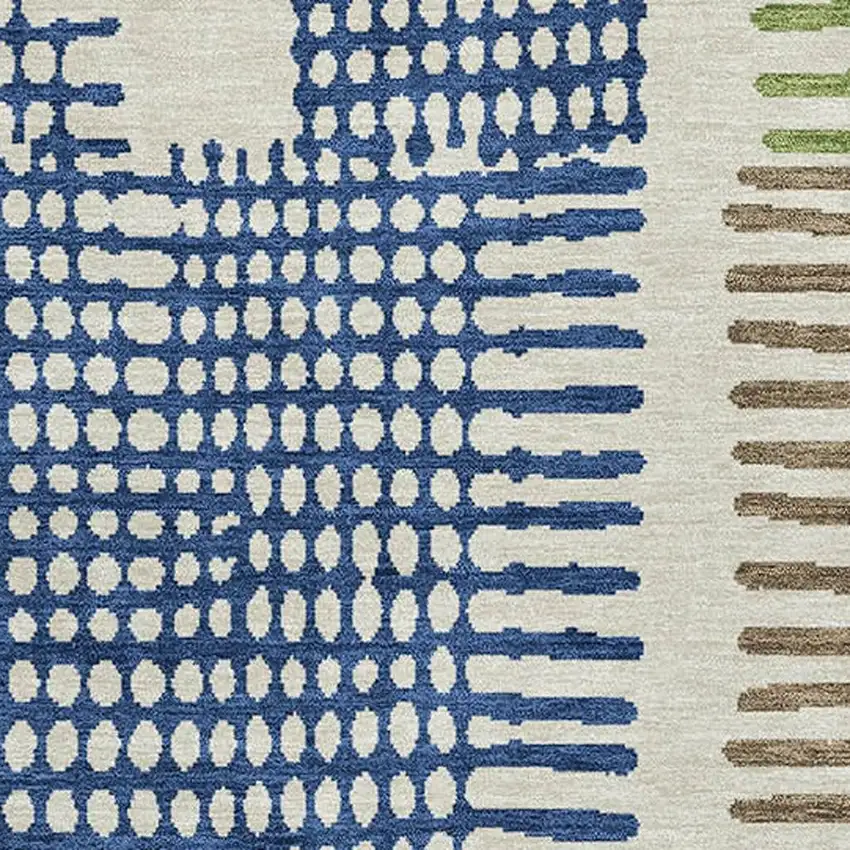 Beige Blue And Green Geometric Washable Area Rug With UV Protection Photo 3