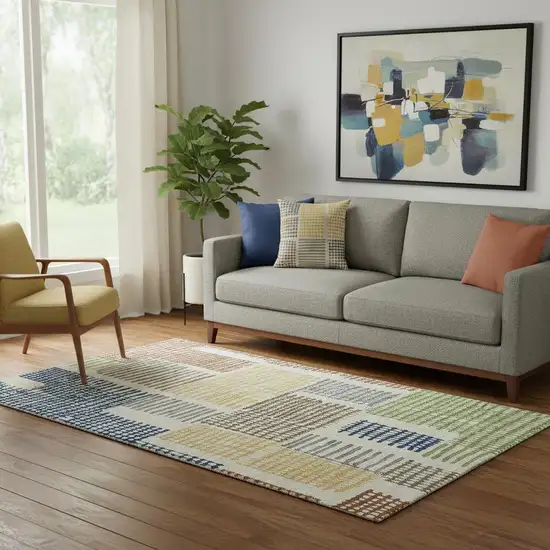 Beige Blue And Green Geometric Washable Area Rug With UV Protection Photo 2