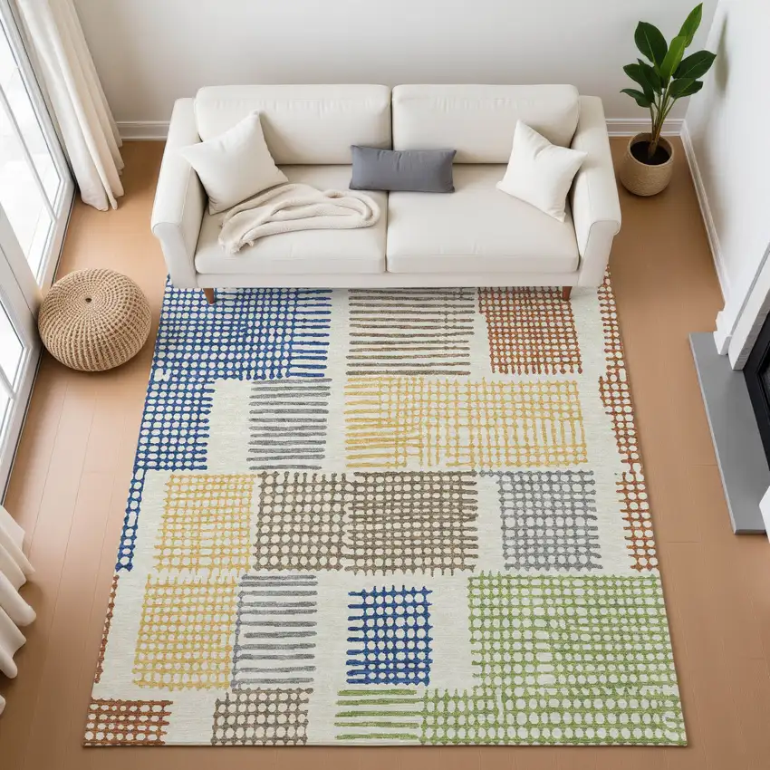 Beige Blue And Green Geometric Washable Area Rug With UV Protection Photo 5