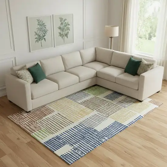 Beige Blue And Green Geometric Washable Area Rug With UV Protection Photo 2