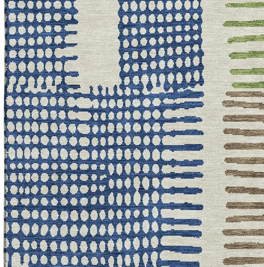 Beige Blue And Green Geometric Washable Area Rug With UV Protection Photo 3