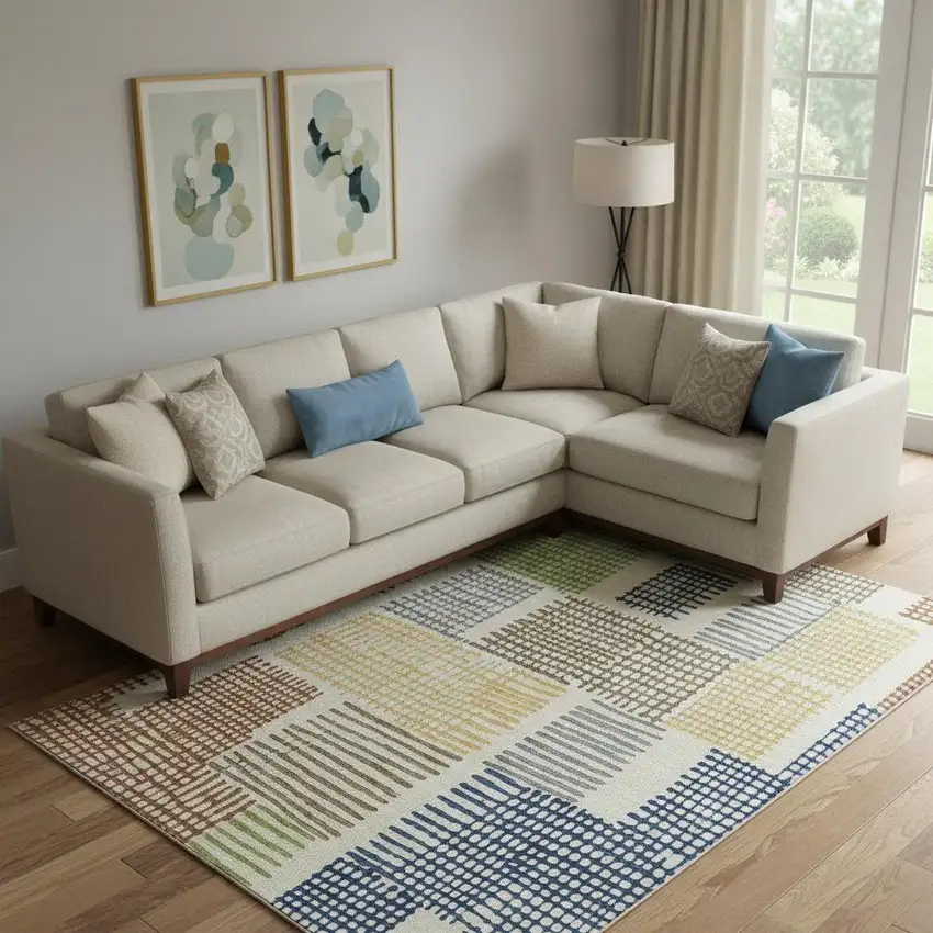 Beige Blue And Green Geometric Washable Area Rug With UV Protection Photo 2