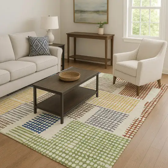 Beige Blue And Green Geometric Washable Area Rug With UV Protection Photo 6