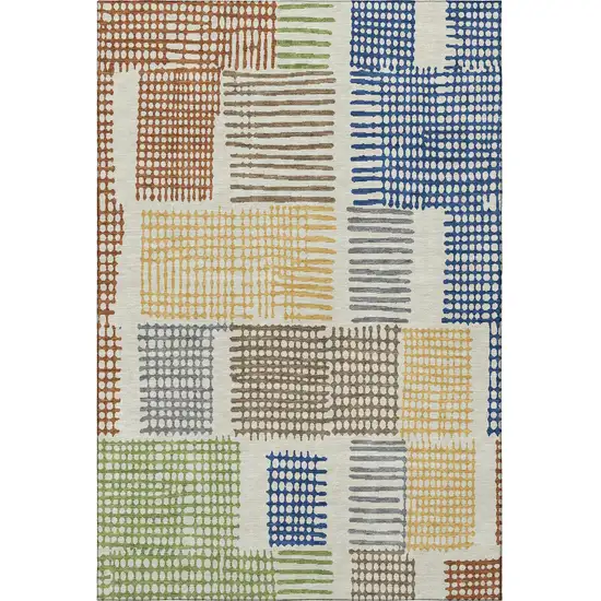 Beige Blue And Green Geometric Washable Area Rug With UV Protection Photo 4