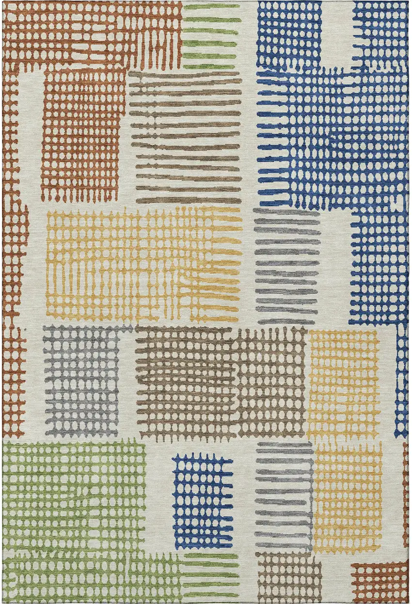 Beige Blue And Green Geometric Washable Area Rug With UV Protection Photo 4