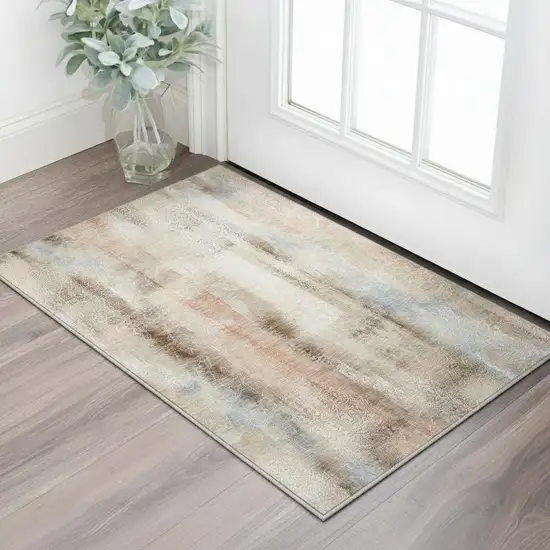 Beige Blue And Ivory Abstract Washable Area Rug With UV Protection Photo 2