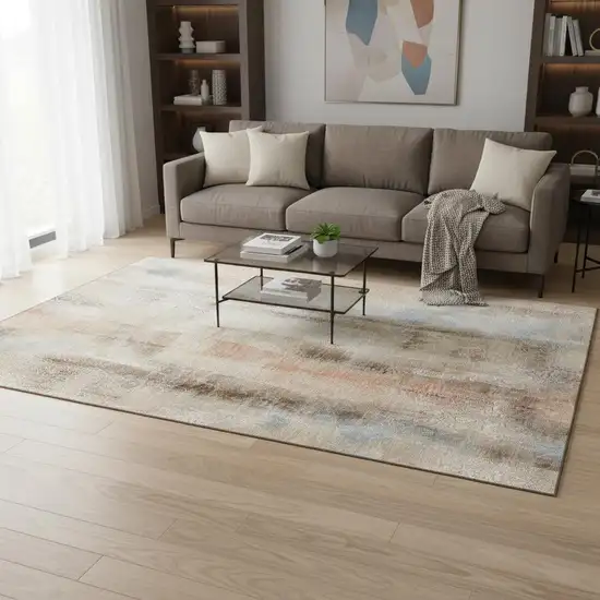 Beige Blue And Ivory Abstract Washable Area Rug With UV Protection Photo 2