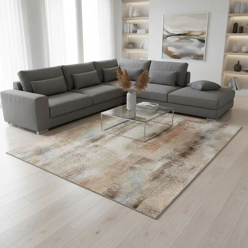 Beige Blue And Ivory Abstract Washable Area Rug With UV Protection Photo 2