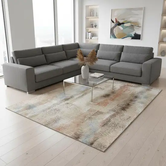 Beige Blue And Ivory Abstract Washable Area Rug With UV Protection Photo 2