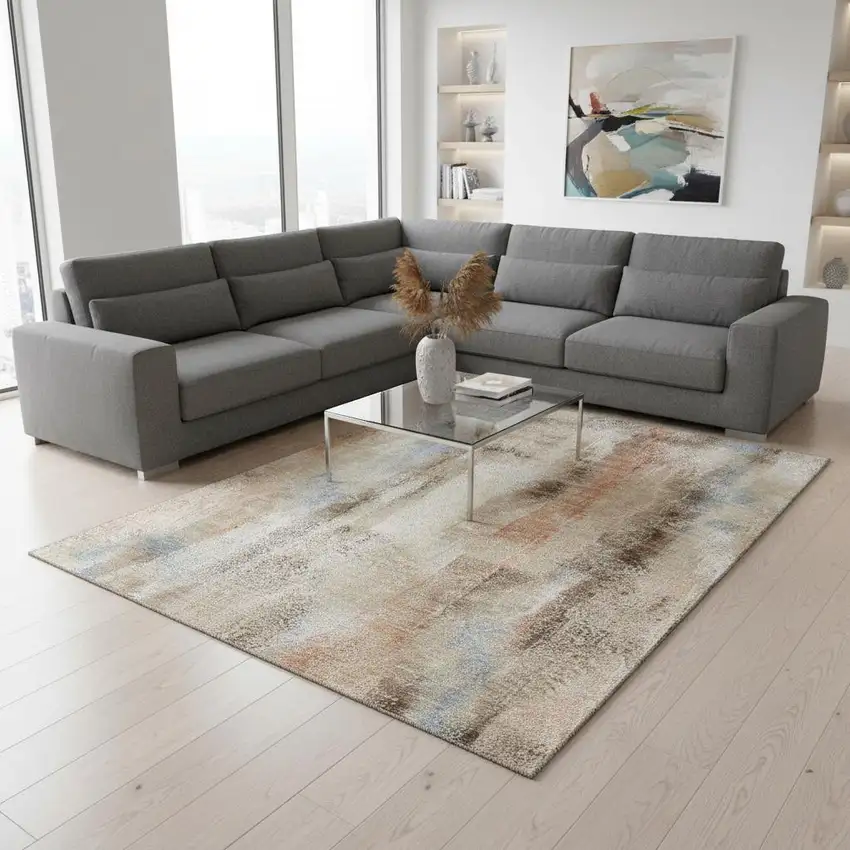 Beige Blue And Ivory Abstract Washable Area Rug With UV Protection Photo 2