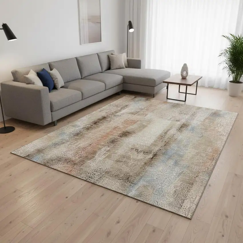 Beige Blue And Ivory Abstract Washable Area Rug With UV Protection Photo 2