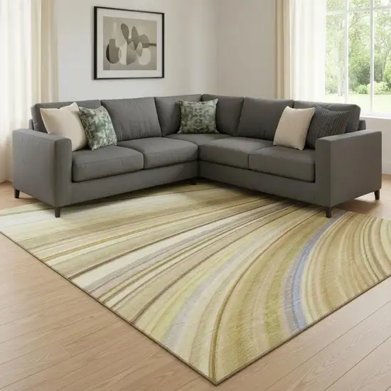 Beige Blue And Ivory Abstract Washable Area Rug With UV Protection Photo 1