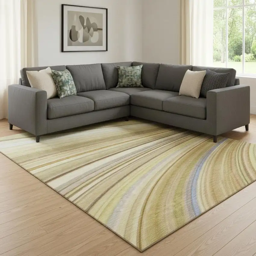 Beige Blue And Ivory Abstract Washable Area Rug With UV Protection Photo 1