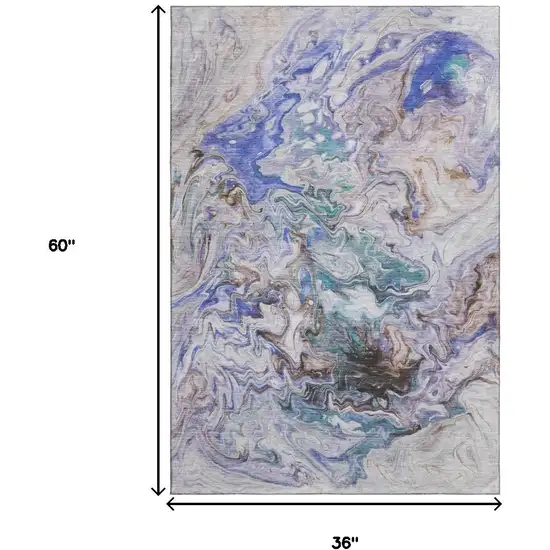 Beige Blue And Ivory Abstract Washable Area Rug With UV Protection Photo 3