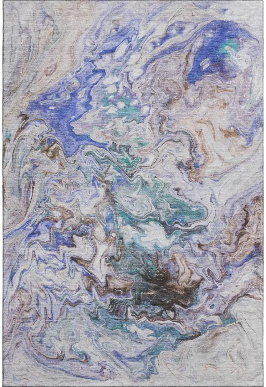 Beige Blue And Ivory Abstract Washable Area Rug With UV Protection Photo 1