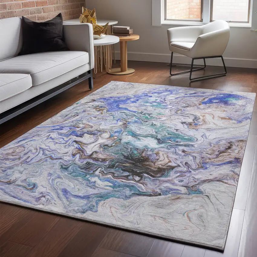 Beige Blue And Ivory Abstract Washable Area Rug With UV Protection Photo 4
