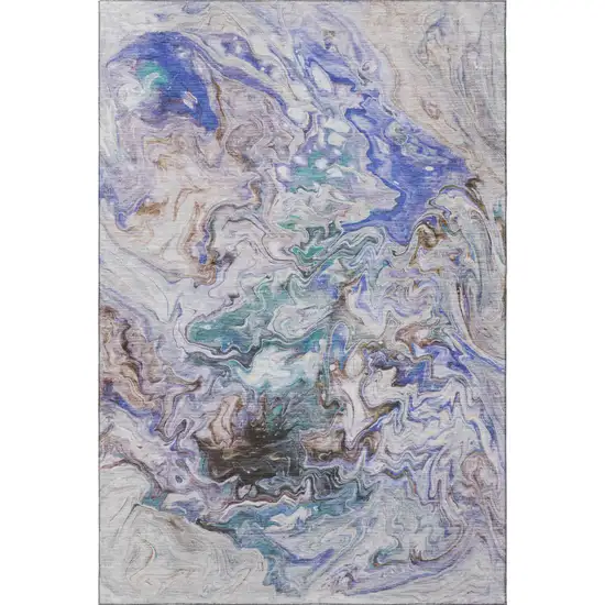 Beige Blue And Ivory Abstract Washable Area Rug With UV Protection Photo 3