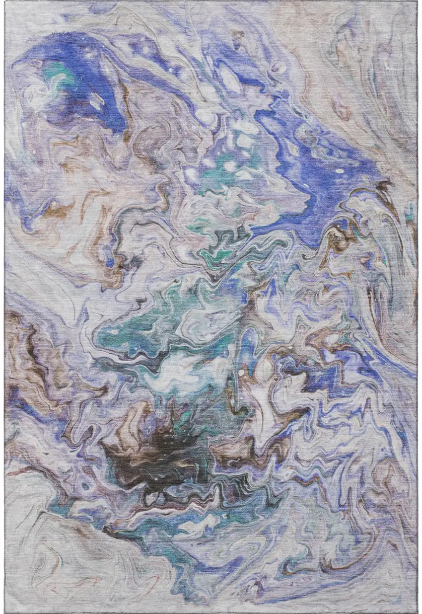 Beige Blue And Ivory Abstract Washable Area Rug With UV Protection Photo 3