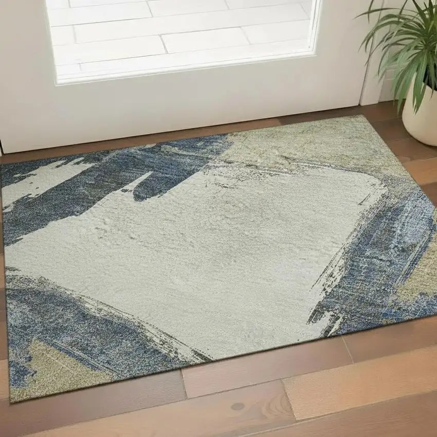 Beige Blue And Ivory Abstract Washable Area Rug With UV Protection Photo 2