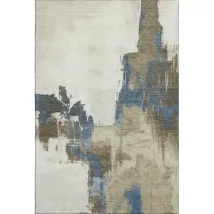 Photo of Beige Blue And Ivory Abstract Washable Area Rug With UV Protection