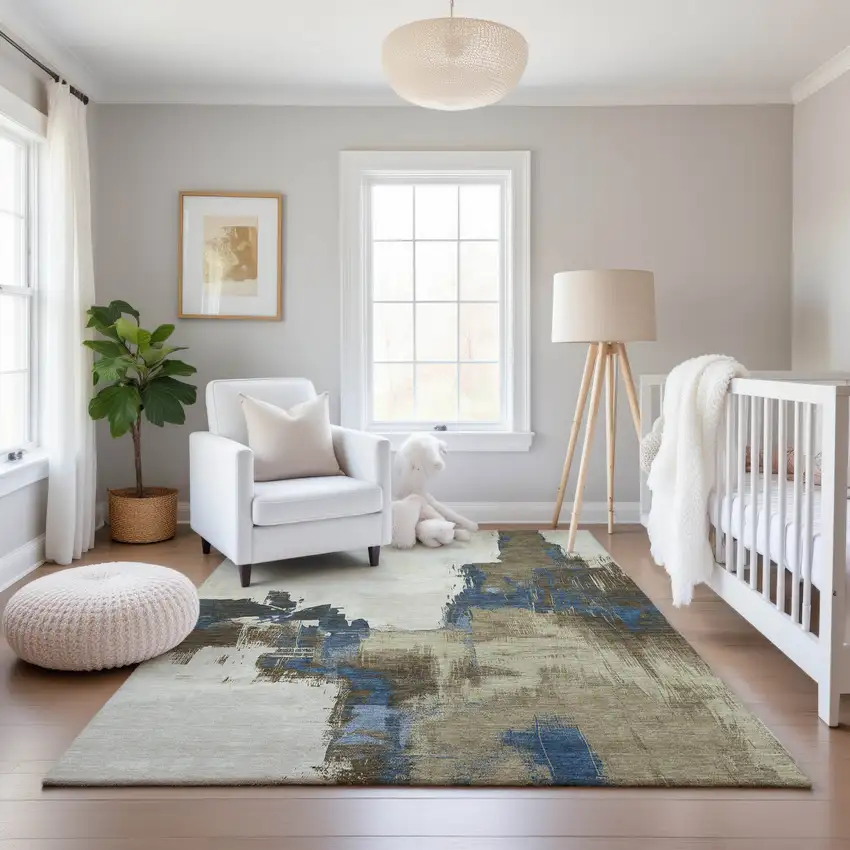 Beige Blue And Ivory Abstract Washable Area Rug With UV Protection Photo 5