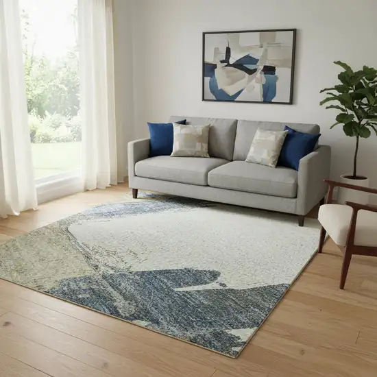 Beige Blue And Ivory Abstract Washable Area Rug With UV Protection Photo 2