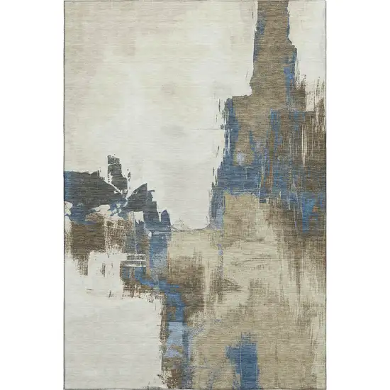 Beige Blue And Ivory Abstract Washable Area Rug With UV Protection Photo 6