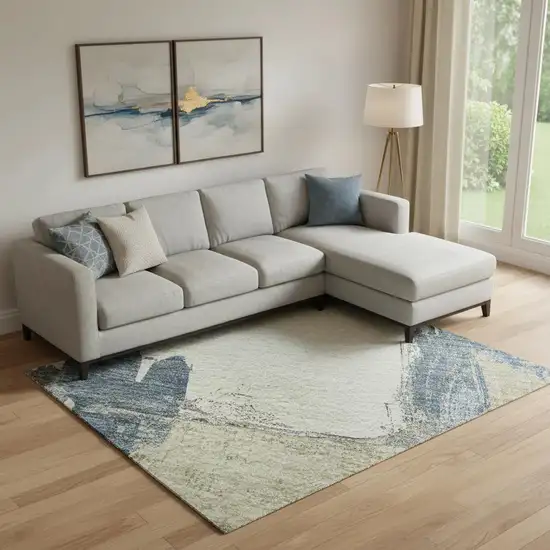 Beige Blue And Ivory Abstract Washable Area Rug With UV Protection Photo 2