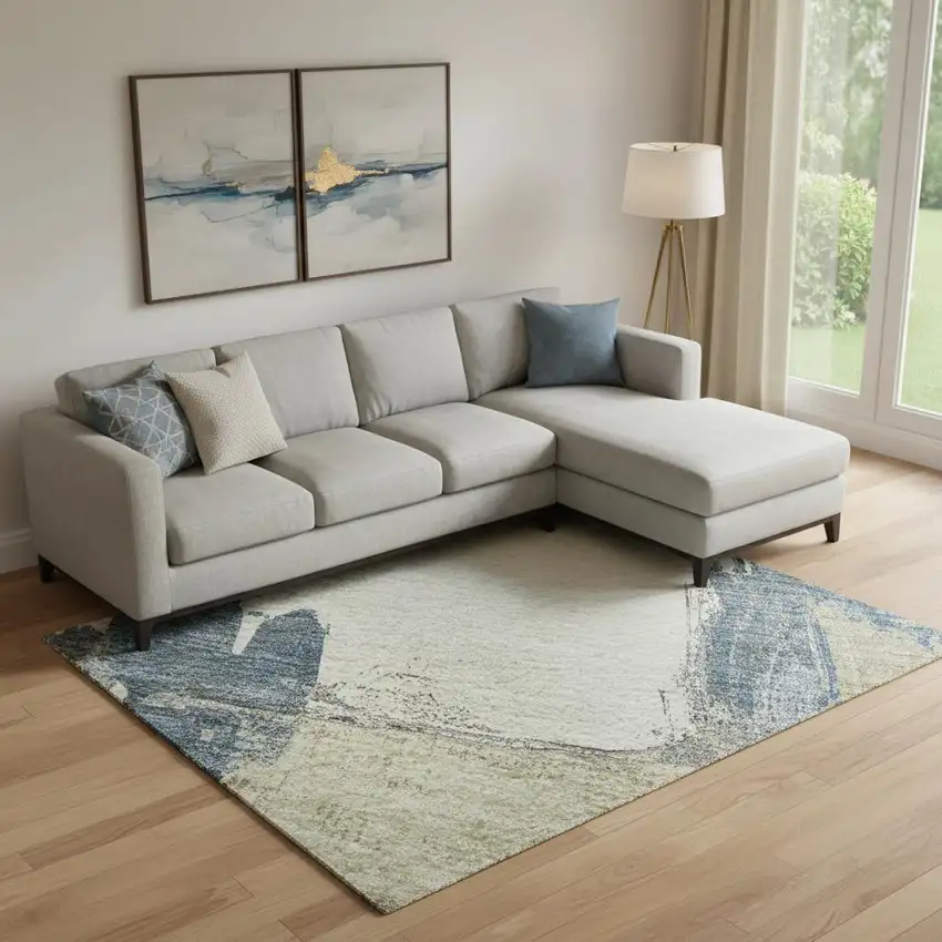 Beige Blue And Ivory Abstract Washable Area Rug With UV Protection Photo 2